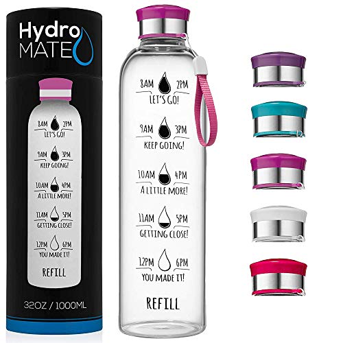 HydroMATE 32 Oz Motivational Glass Water Bottle with Time Marker | Leak Proof