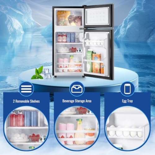 Image of DEMULLER Retro Fridge with Freezer Dual Door Apartment Size Refrigerator with Egg Tray, Fridge with Removable Plastic Shelves, 14.96 inch D x 14.57 inch W x 30.8 inch H, Dark Grey