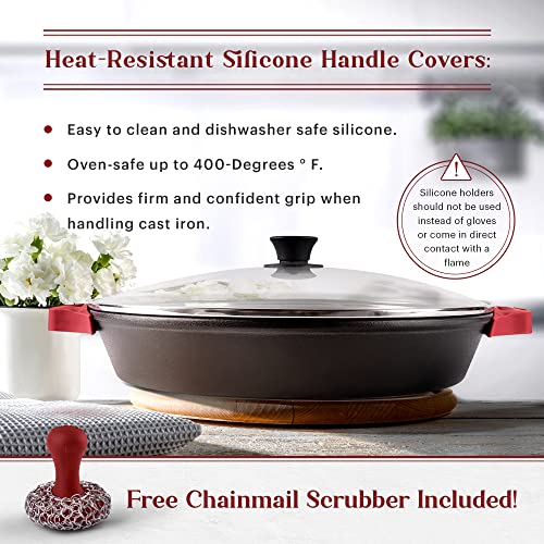 Image of Cuisinel Cast Iron Skillet + Glass Lid + Red Chainmail Scrubber - 15 inch-Inch Dual Handle Braiser Frying Pan + Silicone Handle Covers - Pre-Seasoned Oven Cookware - Indoor /Outdoor. PFAS and PFOA-free