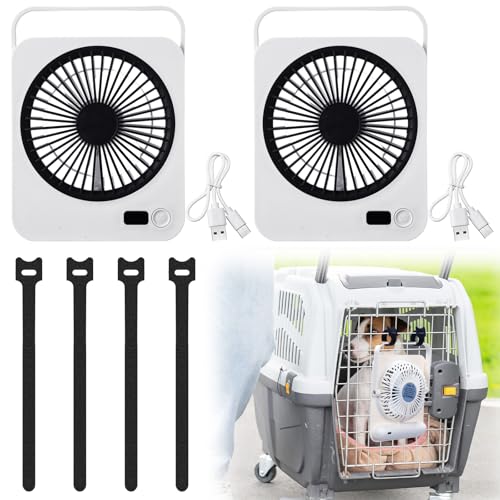 Grinsvalley 2 Pcs Pet Crate Fan for Cooling Dogs and Other Pets Quiet Portable Battery Kennel Fan 5 Cooling Speeds Battery Operated & USB Powered (White and Black)