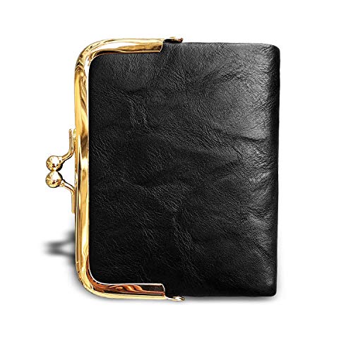 Image of AOXONEL Womens Wallet Small Rfid Ladies Compact Bifold Leather Vintage Coin Purse With Zipper and Kiss Lock, Black, Small, Vintage