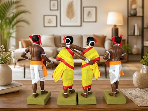 Image of Krishnanagar Handmade Clay Tribal Dance Group Idol | Terracotta Folk Human Figurines | Traditional Home Decor & Gift Showpiece | Set of 4
