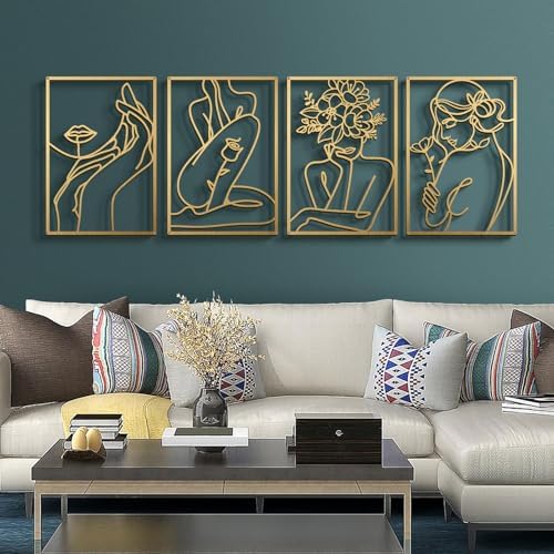 Bakovity Gold Metal Wall Art, Abstract Flower Line Sculpture, Gol...