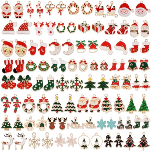 Acejoz 100Pcs 50 Pairs Christmas Charms for Jewelry Making and Bracelets Gold Enamel Jewelry Pendants for Xmas Earring Bracelet Necklace Craft Making