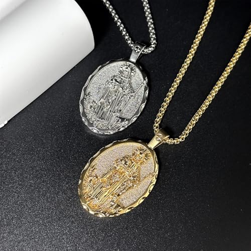 Religious Oval Medallion Pendant Necklace, 18K Gold Plated, Jesus Shepherd Design, Box Chain2