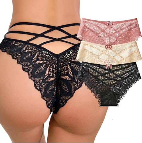 Image of Womens Sexy Thongs Lace Panties Underwear Low Rise Plus Size Underpants Pack of 1-3