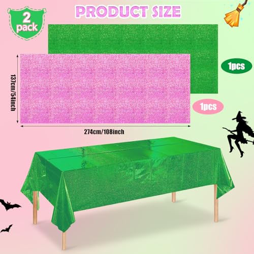 Image of 2 Pcs Iridescent Pink and Green Tablecloth Party Decorations, Holographic Foil Plastic Table Cloths for Rectangle Tables, Disposable Green and Pink Table Cover for Witch Theme Birthday Party Supplies
