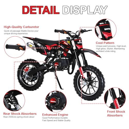 Image of 49CC 2 Stroke Dirt Bike, Gas Motorcycle for Kids, Moto De Gasolina para Ninos with 10 Inch Off Road Tires, Shock Absorption & Front Rear Disc Brakes, Up to 25 Mph, 330 Lb Load (Red)