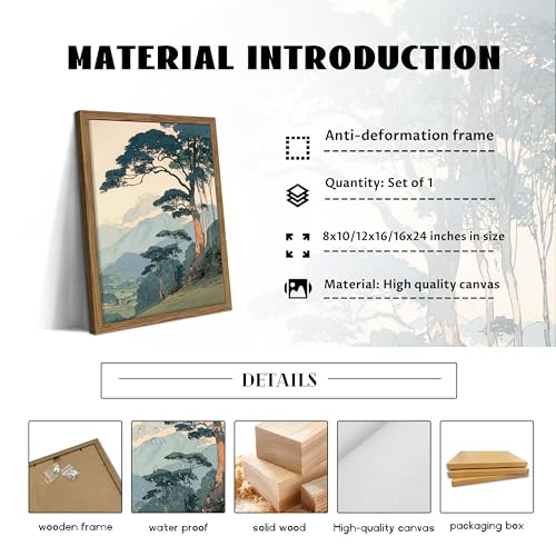 Image of Vintage Japanese Forest Framed Canvas Wall Art - Tranquil Mountain Landscape Painting Print, Retro Nature Tree Scene Decor for Living Room Bedroom Nursery Office Home 16x24 inch