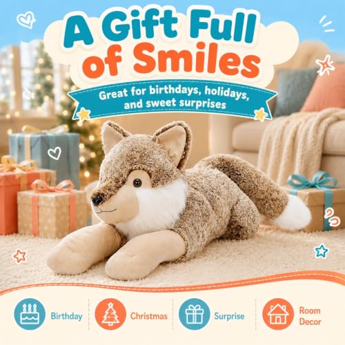 Image of BENINY 47 Inch Giant Wolf Stuffed Animal, Large Soft Wolf Plush Toy, Fluffy Stuffed Wolf Pillow for Kids, Birthday