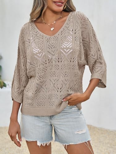 Saodimallsu Womens Crochet Cover Up Top Summer 3/4 Sleeve Off Shoulder Sweater Shirts Mesh Boho Beach Swimsuit Coverup2