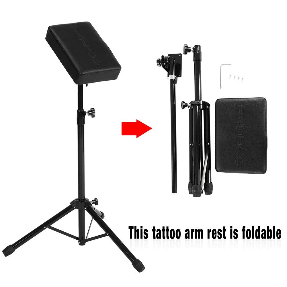 Reposabrazos ajustable para tatuaje, trípode portátil para tatuaje con almohadilla de esponja suave para uso doméstico o salón, altura ajustable de 44.1 a 25 pulgadas