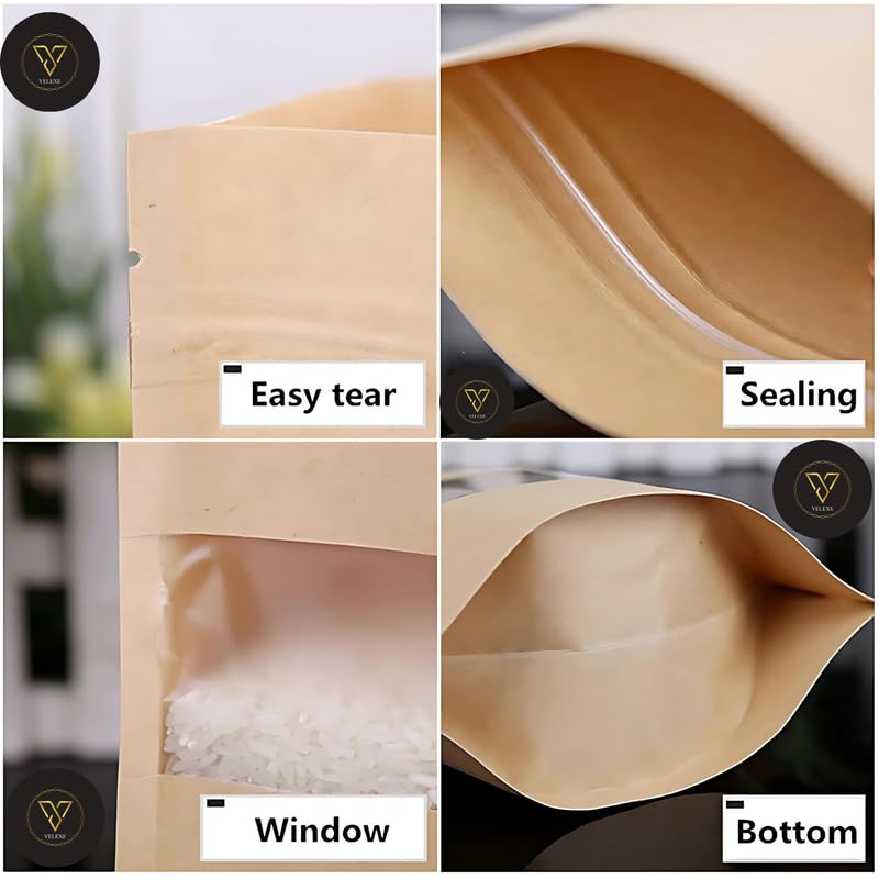 Image of Brown Kraft Paper Zip Lock Stand Up Storage Pouches | 260mm*350mm | 2.5 KG | Pack of 10 | Reusable & Airtight Storage Pouches with Transparent Rectangle Window & Self Sealing Technology