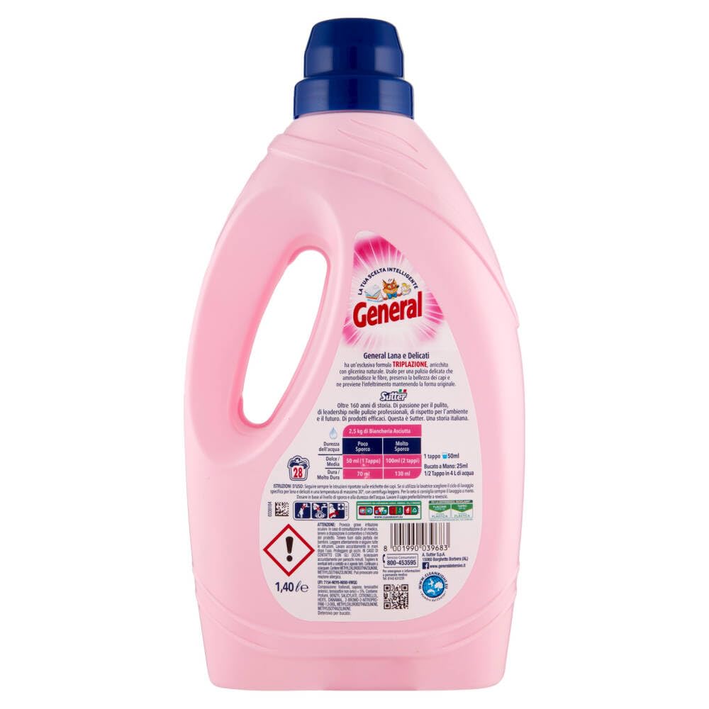 6x General Lana e Delicati Detersivo Lavatrice Ideal für Wolle und Feinwäsche- Flüssigwaschmittel für die Waschmaschine - Waschmittel 28 Wäschen 1400ml + Beni Culinari Kostenloser Schlüsselanhänger