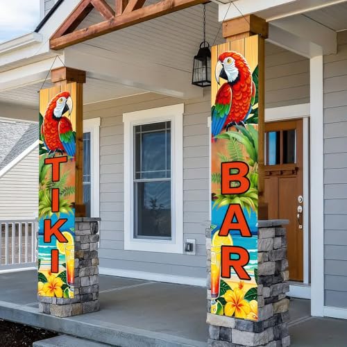 Image of Tiki Bar Banner for Luau Party Decorations with Parrot and Tropical Cocktails Summer Beach Backdrop Sign Outdoor Aloha Hawaiian Porch Welcome Decor 71x12 Inch