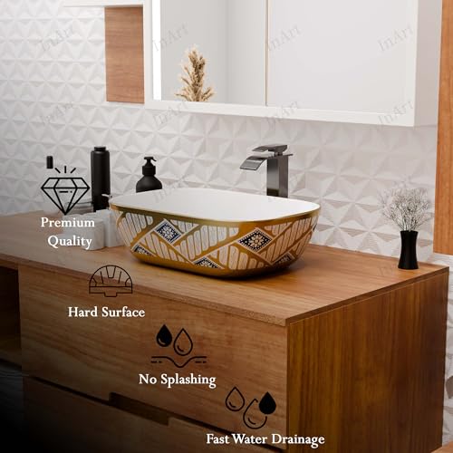Image of Inart Wash Basin - Table Top Basin, Counter Top Wash Basin for Bathroom, Modern Ceramic Tabletop Sink Washbasin Design for Living Room, Dining Hall, Washrooms - 45 X 32 X 13.5 cm, Gold