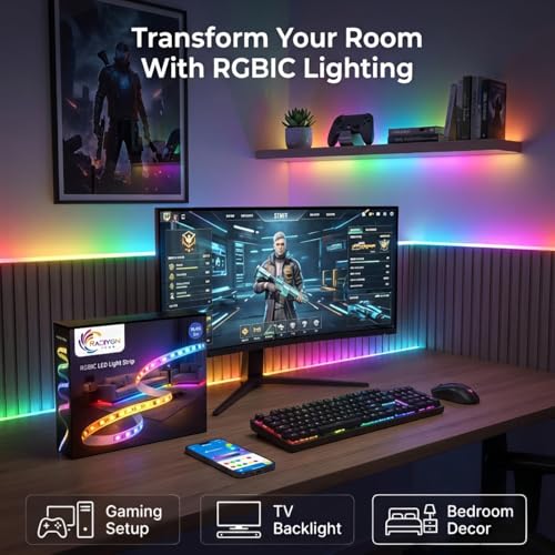 Image of RGBIC LED Strip Lights 5M with App Control & Music Sync, RGB Lights for Room, Gaming Setup & Bedroom Decoration, 140+ Dynamic Modes, 60 LED /m Smart LED Strip Light for Desk & Ambient Lighting