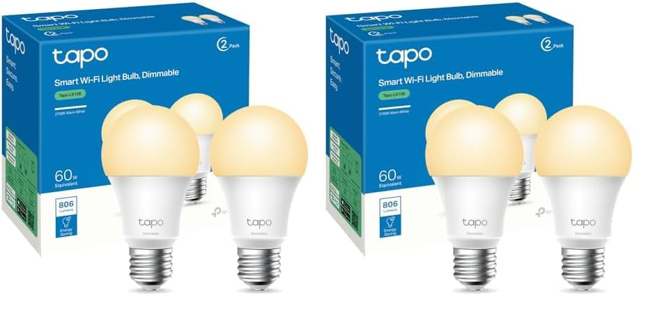 Tapo TP-Link L510E (2-Pack) - Bombilla LED Inteligente, Bombilla WiFi sin necesidad de Hub, Blanco Cálido 2700K, Regulable,E27, 8.7W/ 806lm, Compatible Alexa, Echo y Google Home (Paquete de 2)