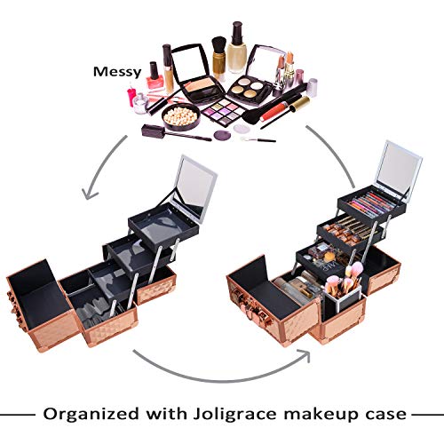 Joligrace Makeup Train Case Cosmetic Box 10 Inches Jewelry Organizer Professional 3 Tiers Trays With Mirror And Brush Holder Lockable Key Portable Travel - Rose Gold #TOP5