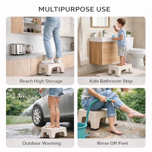 Image of PulGos Pack of 1 Beige Plastic Mini Sitting Stool for Home & Outdoor Use | Compact, Lightweight & Durable Stool for Adults & Kids | Use as Footrest, Side Table, Extra Seating for Living Room