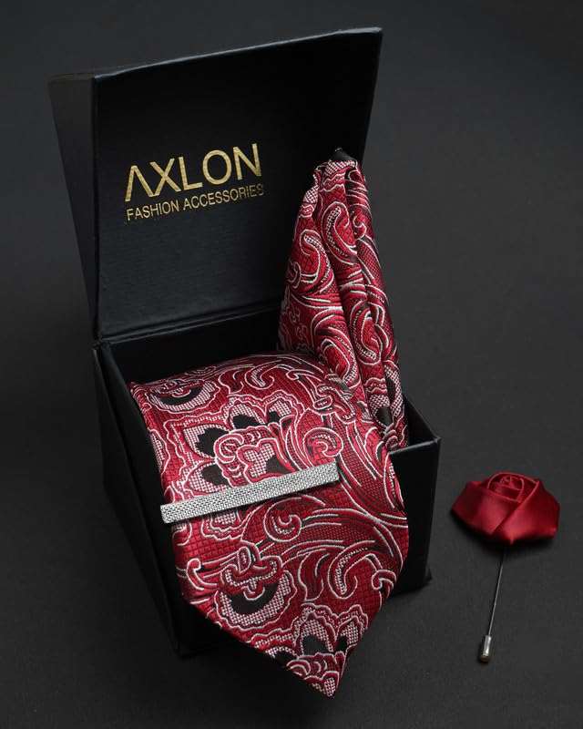 Axlon Tie for Men – Plaid Silk Neck Ties Set with Cufflinks Flower Pin, Pocket Square & Black Gift Box, Combo Necktie Sets for Office Wear, Formal Suits & Weddings (Red, AXFBK9) - Image 2 thumbnail