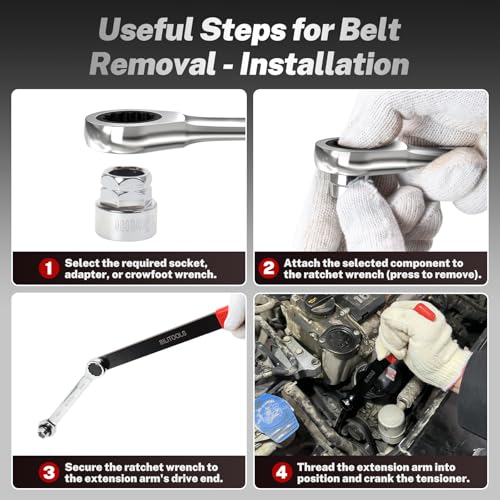 Image of BILITOOLS Serpentine Belt Tool Set with Ratcheting Wrench, Tensioner Kit | Universal Set with Crowfoot Wrenches & Socket Adapters, 19mm & 22mm Ratchet Drive, Durable Steel