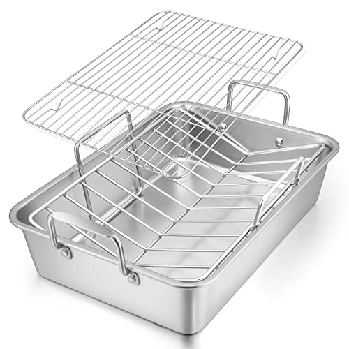 Roasting Pan, E-far 16 x 11.5 Inch Stainless steel Turkey Roaster with Rack – Deep Broiling Pan & V-shaped Rack & Flat Rack, Non-toxic & Heavy Duty, Easy Clean & Dishwasher Safe – Large