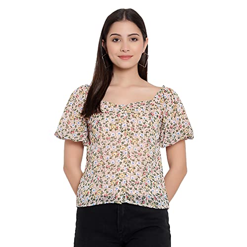 Image of FNOCKS Women Button Closure Short Sleeves Floral Printed Tops /Georgette Fabric