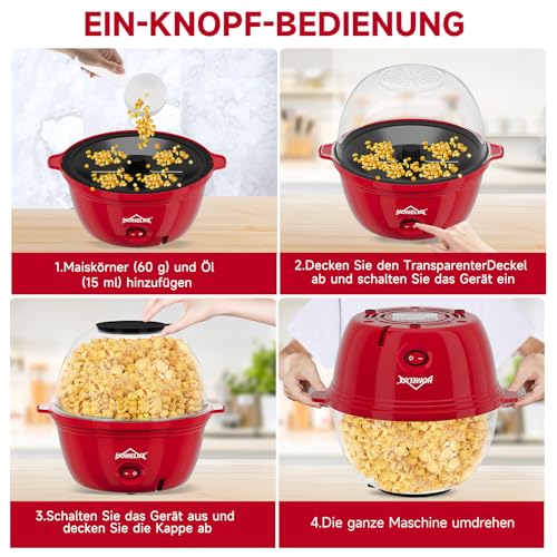 HOMELUX Popcornmaschine Popcorn Maker 450W Mini Popcorn Maschine mit Messlöffel Antihaftbeschichtung Snack Popcorn Popper für Zuhause Party Kinder, Deckel als Servierschale, Stille & Schnelle Rot