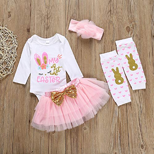 Xfglck Newborn My 1St Easter Skirt Outfit Baby Girl Bunny Letters Short Sleeve Bodysuit Tutu Skirt Headband Leg Warmers 4Pcs (My 1St Easter, 0-3 M) #TOP1