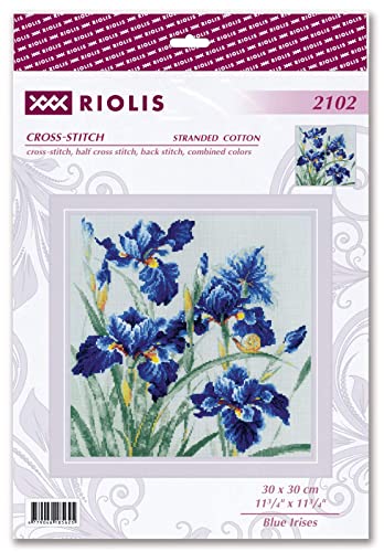 Image of RIOLIS - Blue Irises 2102, Cross Stitch Kits 11 inch x 11 inch, Cross Stitch Kits for Adults, Floral Counted Cross Stitch Kits, Embroidery Kit for Beginners & Advanced, Crossstitching Kits