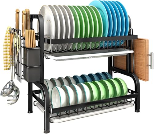 Nyganmelloz 2-Tier Stainless Steel Dish Drying Rack Dish Drainer with Drip Tray & Utensil Holder Multifunctional Countertop Organizer with Cup Cutting-Board Plate Holder for Kitchen Sink Black