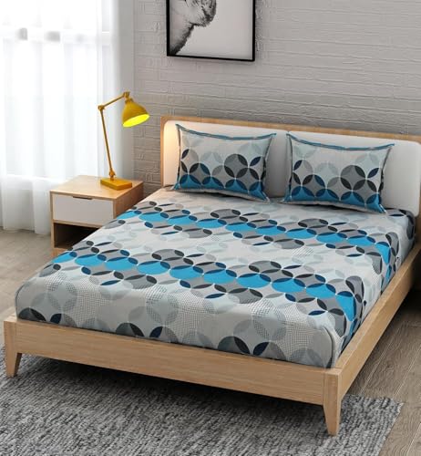 Image of Cotton Feel King Size Flat Bedsheet for Double Bed (90 x 100 Inches | 230 x 250 cm) with 2 Pillow Covers | Soft & Smooth Printed Bedsheet for Daily Use (Blue&Grey, King Bed-90x100)