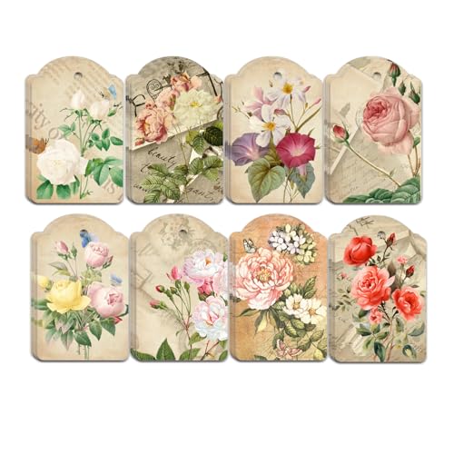 80pcs Vintage Flower Hanging Tags Card Blank Gift Tags with String Flower Style Paper Gift Tags for Wedding Birthday Party Decor, DIY Gift Wrapping, Scrapbooking, Wedding Gifts
