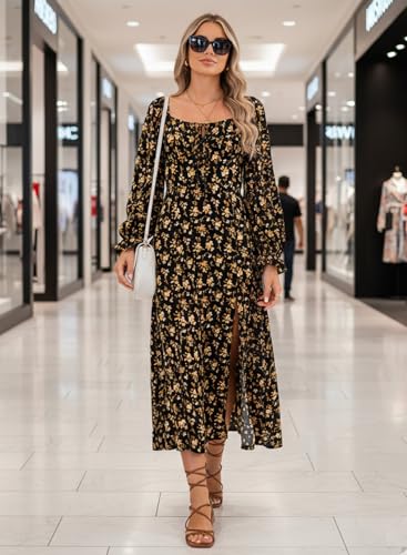 Image of BLENCOT Womens Casual Square Neck Long Sleeve Boho Floral Midi Dress Print Side Split Dresses