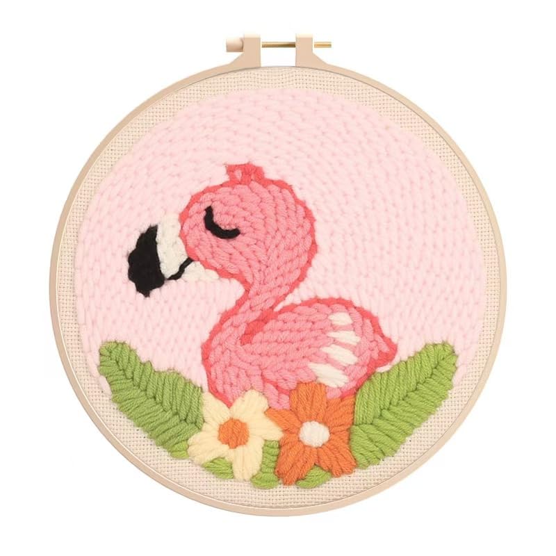 Image of Howie's Punch Needle Kit for Beginner, Cartoon Rug Hooking Embroidery Kits with Pattern, Yarns, Tools and Instructions, Creative Craft Home Decor(Pink Bird, 8 inch diameters)