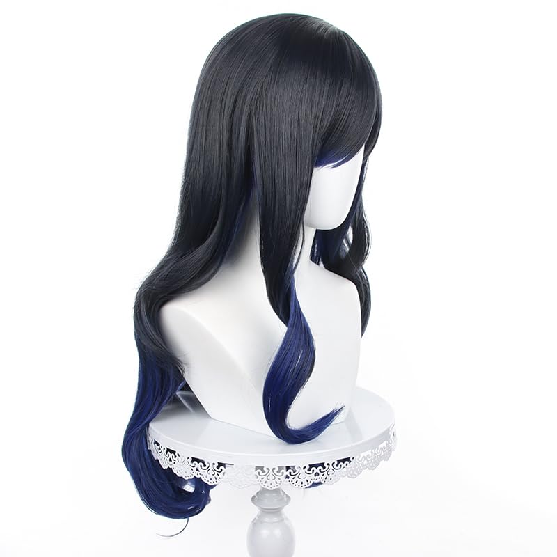 Miniatura 4 de Pelucas largas de cabello negro y azul mezclado con flequillo para fiesta de Navidad de Halloween para mujeres