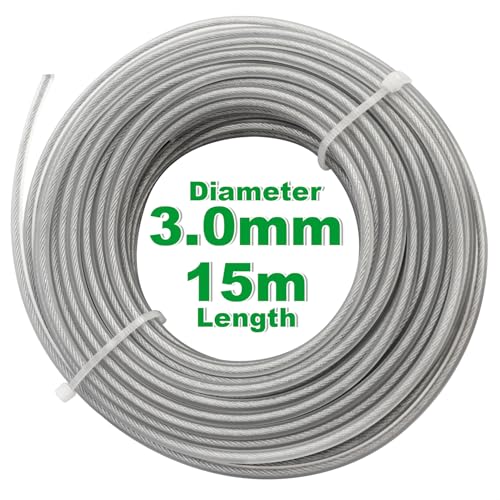 Zeqeey Heavy Duty Stahl Grasschneider Linie Mähfaden Trimmerfaden 3mm x 15m, 0,12 Zoll Universal Runde Ersatz Metall Trimmer Faden Schnur Draht Schnur für Rasenmäher