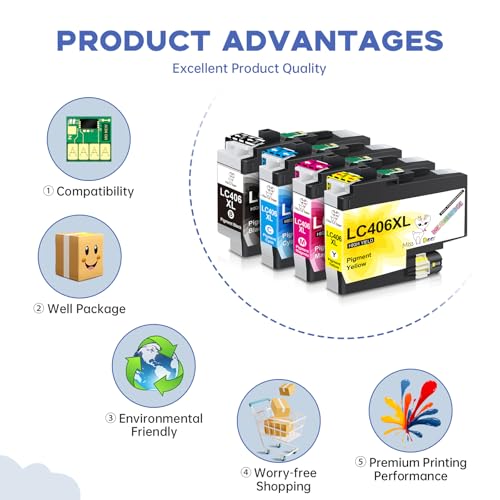 Image of Miss Deer LC406 LC406XL Ink Cartridges Compatible for Brother LC406XL LC-406 High Yield, Work with Brother MFC-J4535DW MFC-J4335DW MFC-J5855DW MFC-J6555DW MFC-J6955DW Printer (BK, C, M, Y) 4 Pack