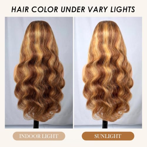 Image of Pizazz Ombre Highlight 13x4 HD Lace Front Wigs Human Hair Pre Plucked | 180 Density Glueless Body Wave Wigs Human Hair Pre Bleached Knots 4 /27 Honey Blonde Lace Frontal Wigs 30 Inch