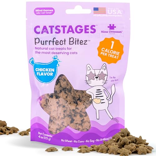 Catstages by Nina Ottosson Purrfect Bitez Natural Crunchy Cat Treats for Puzzles, Toys, Feeders, & Training, USA-Made, Real Chicken Flavor, 4oz