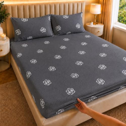 Image of Castiqa Elastic Fitted Supersoft Premium Polycotton 200TC King Size Bedsheets with 2 Pillow Covers | No Slip Bedsheet | (Gray Petals, King (72x78 Upto 10 inch Mattress))