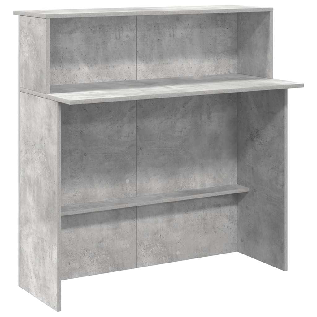 Mesa de recepción de madera en color gris hormigón con estante integrado y soporte de pared, dimensiones 100 x 50 x 103,5 cm para oficina y área de recepción