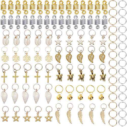 Beautywin 110 Pieces Dreadlock Jewelry Aluminum Dreadlocks Beads Metal Hair Cuffs Hair Rings Shell Charms Hair Coils Braiding Hair Pendants Decoration Turtle Cross Clips