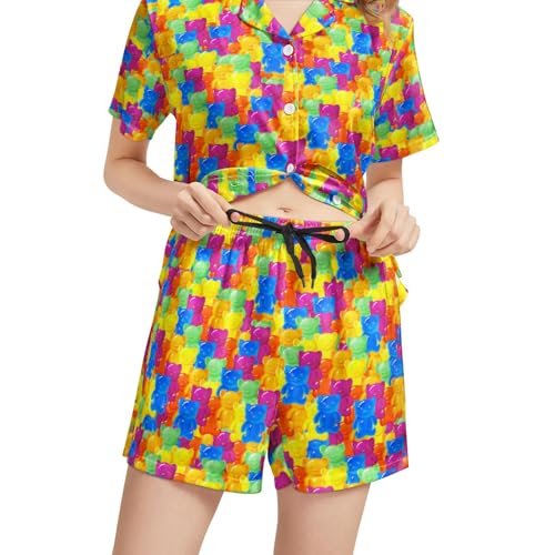 Image of Funny Pajamas for Women Set Print Satin Loungewear Pjs Short Sleeve Button Down Top and Shorts Sets Sleepwear XS-3XL