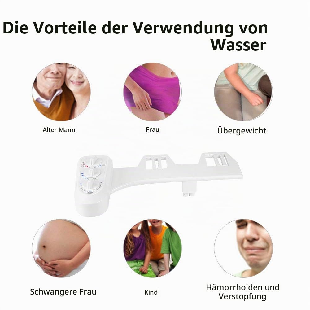 3/8 Gewinde Doppeldüse WC Bidet Aufsatz für Heißes und Kaltes Wasser, Bidet Aufsatz für Warmes Wasser, Selbstreinigende Sprühdüse nach EU Standard