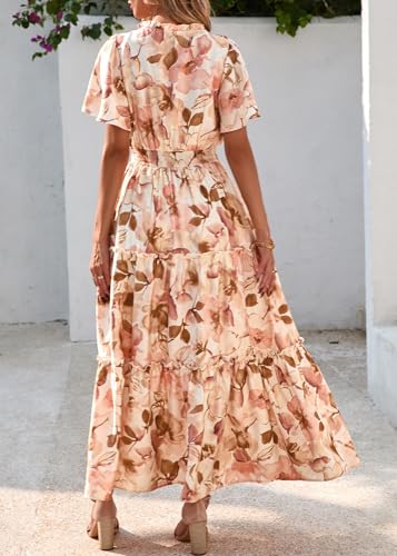 KIRUNDO Womens Summer Boho Floral Maxi Dress Flutter Short Sleeve V Neck Ruffle Tiered Flowy Beach Wedding Guest Dresses2
