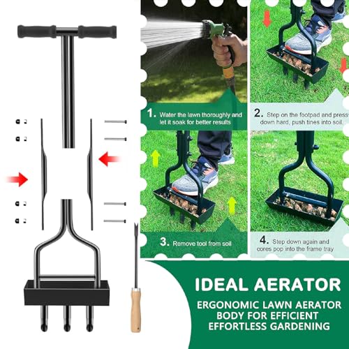 Lawn Aerator Coring Tool with Soil Core Storage Tray - Manual Yard Plug Aerator with 3 Tines for Compacted Soil - Ideal for Garden and Lawn Care 37.6 - Image 6