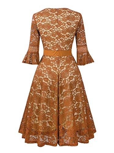 Women's Vintage Full Lace Bell Sleeve Big Swing A-Line Dress Mustard Medium - Thumbnail 5