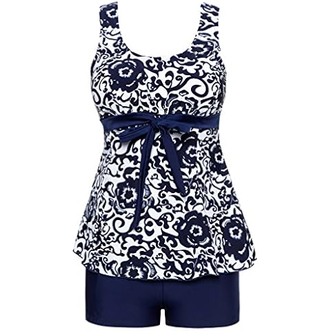 Wantdo Two Piece Swimwear Swimming Costume High Waisted Tankini Top with Short Modest bathing suits Ladies Swimming Sets Plus Size Slimming Swimwear with Shorts Navy 28-30 Cover